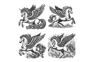 Unicorn Pegasus engraving set vector, an Animal Illustration by AlexArt