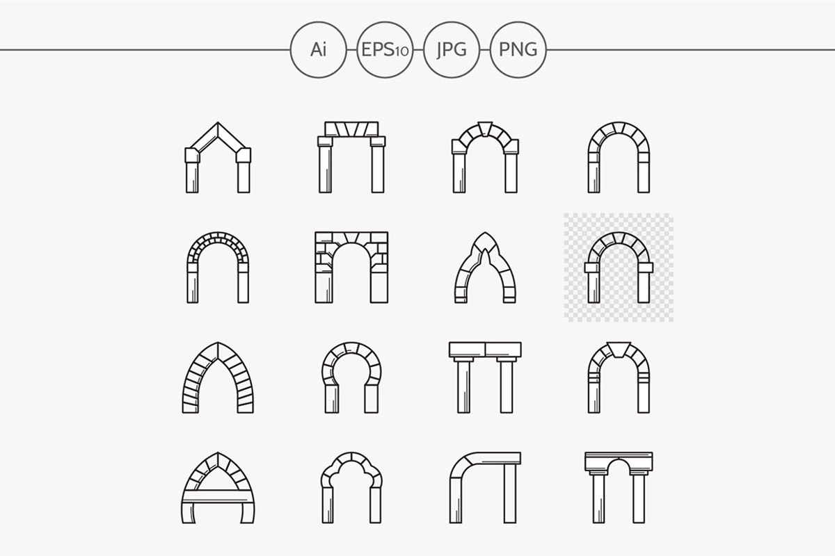 Arch flat line vector icons set