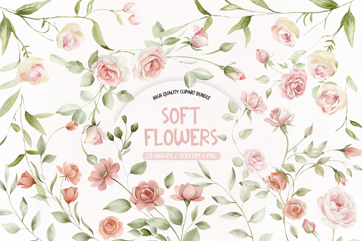 Soft Pink Watercolor Flowers, an Illustration by TatiMockup (Photo 1 of 4)