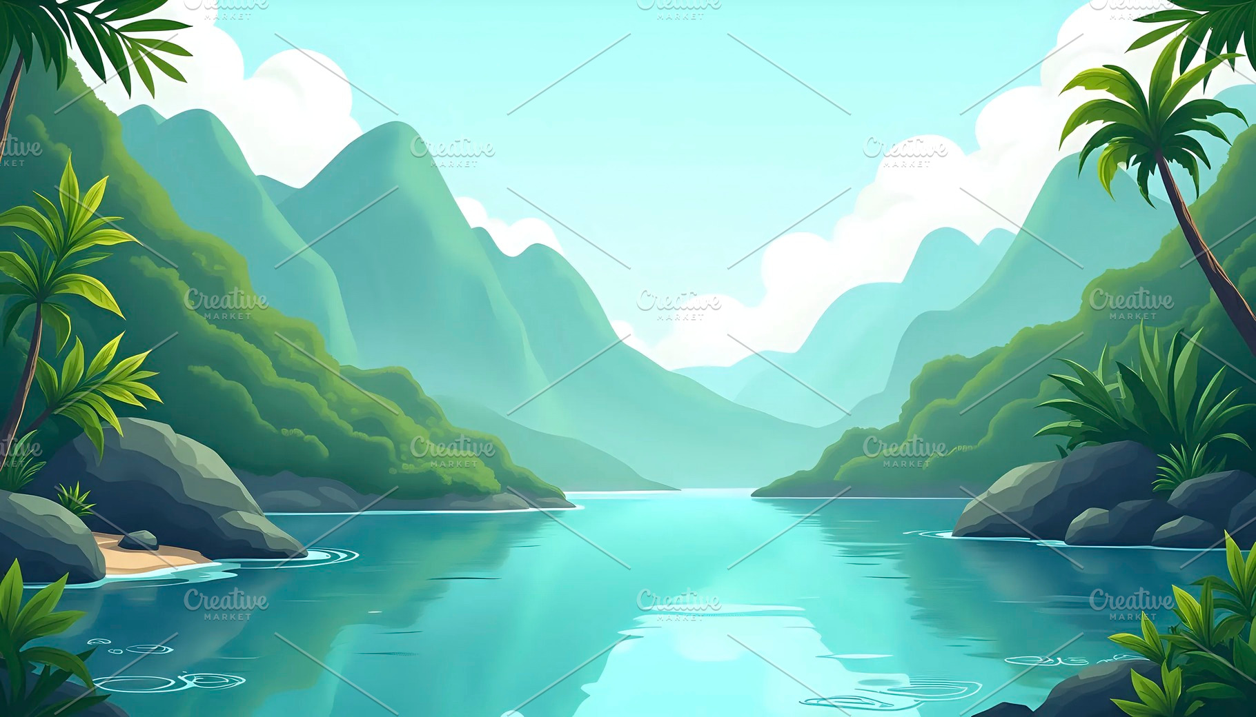 Quiet Lagoon With Mountains And Trop, a Photo by LOGOCREATIVE