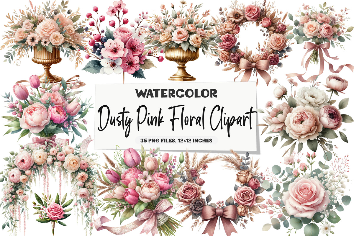 Dusty Pink Floral Clipart, an Illustration by DreamArtGraphic (Photo 1 of 5)