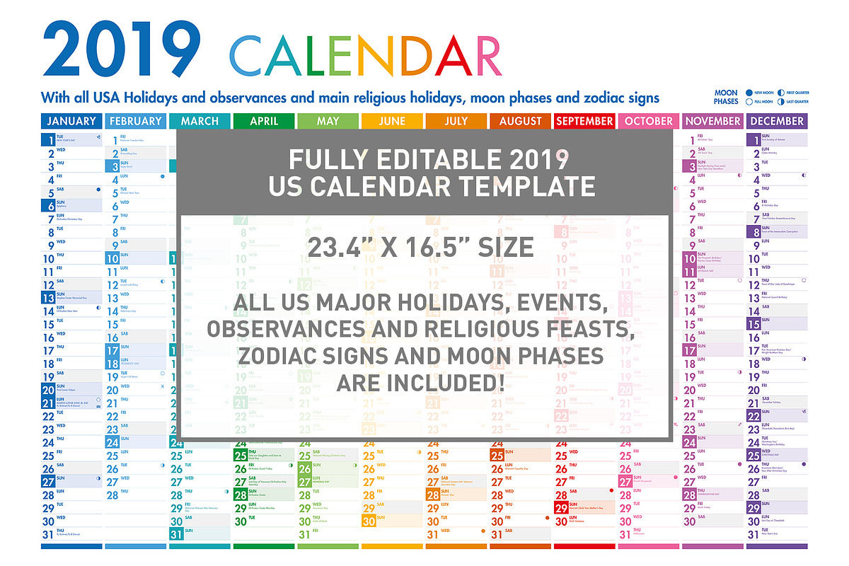 2019 US Calendar Poster Template, a Templates & Theme by Pingebat (Photo 1 of 4)