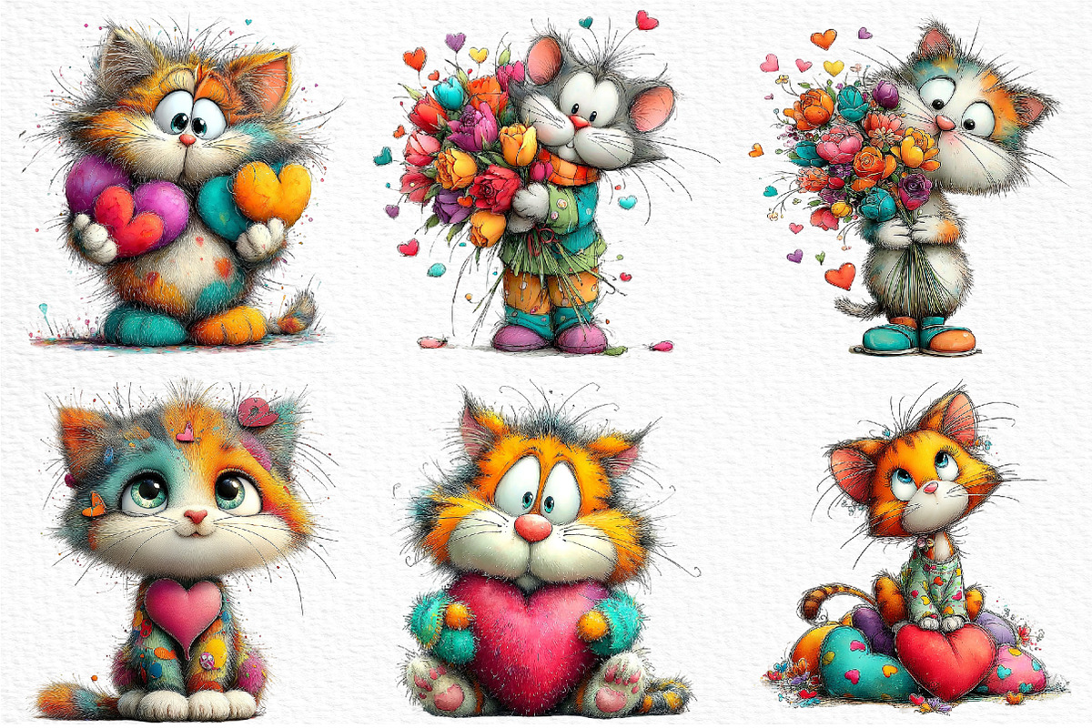 Whimsical Valentine Cats Clipart, an Illustration by Craft Nest (Photo 3 of 11)