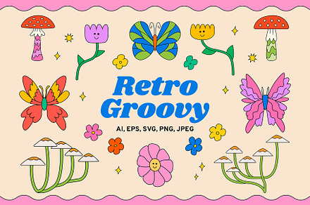 Retro Groovy | Cliparts & Patterns, an Object Graphic by Felizabeth Design