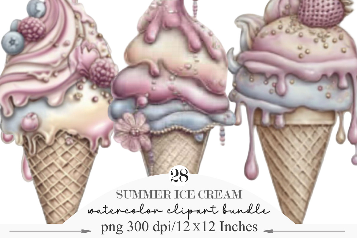 Watercolor Summer Ice Cream Clipart, an Illustration by Designking (Photo 1 of 5)