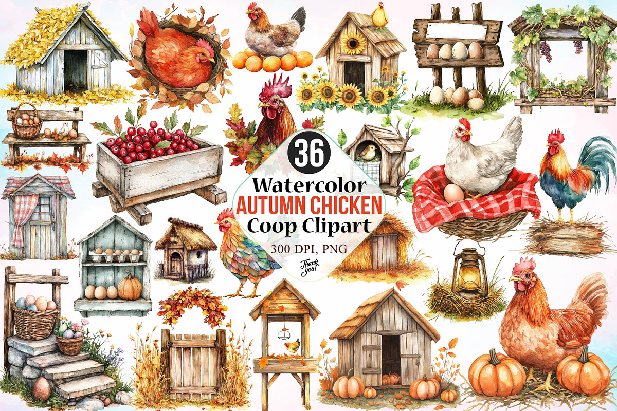 Watercolor Autumn Chicken Coop PNG, a Seasonal Illustration by Canvas Craft (Photo 1 of 3)