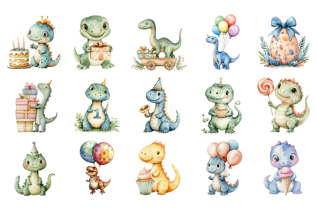 Dino Birthday Clipart Bundle, an Illustration by Designking (Photo 2 of 5)