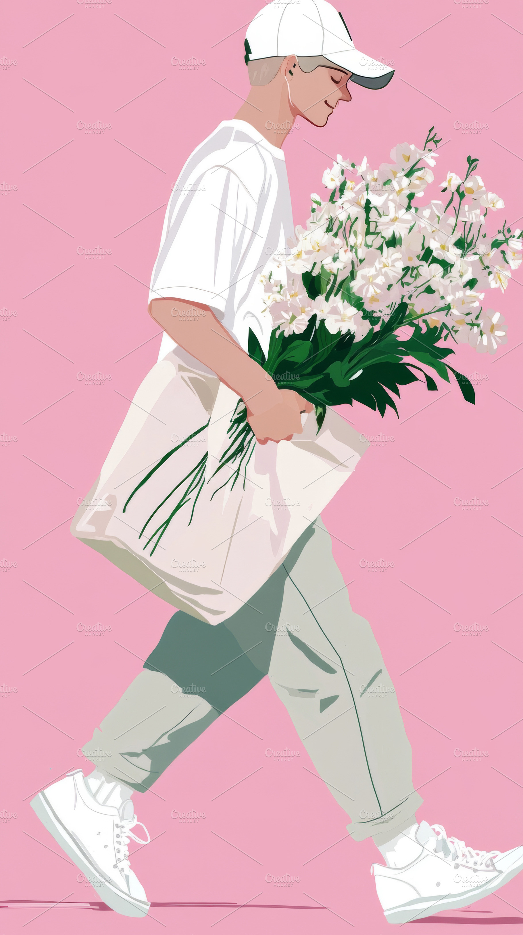 Young man walking with white flowers in tote bag on pink backgro, a Photo by Dvoevnore photos