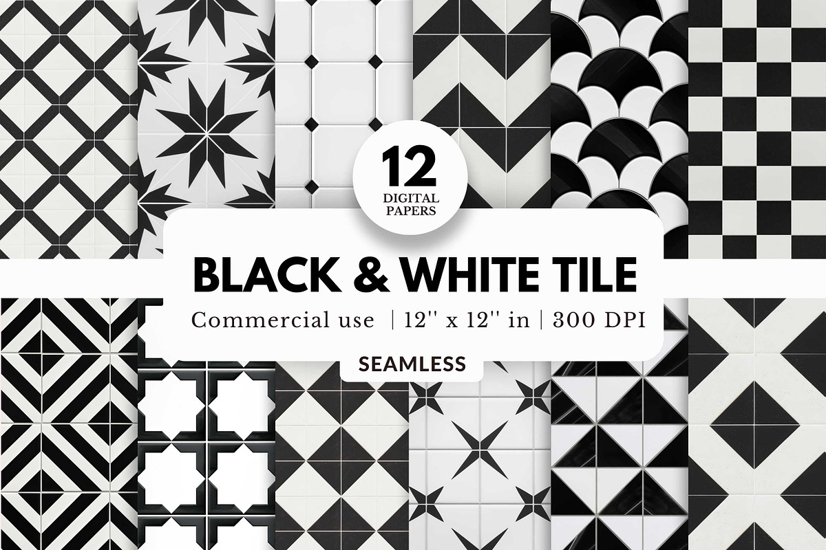 12 Black and White Tile Patterns, a Pattern Graphic by NorthWindPixels (Photo 1 of 4)