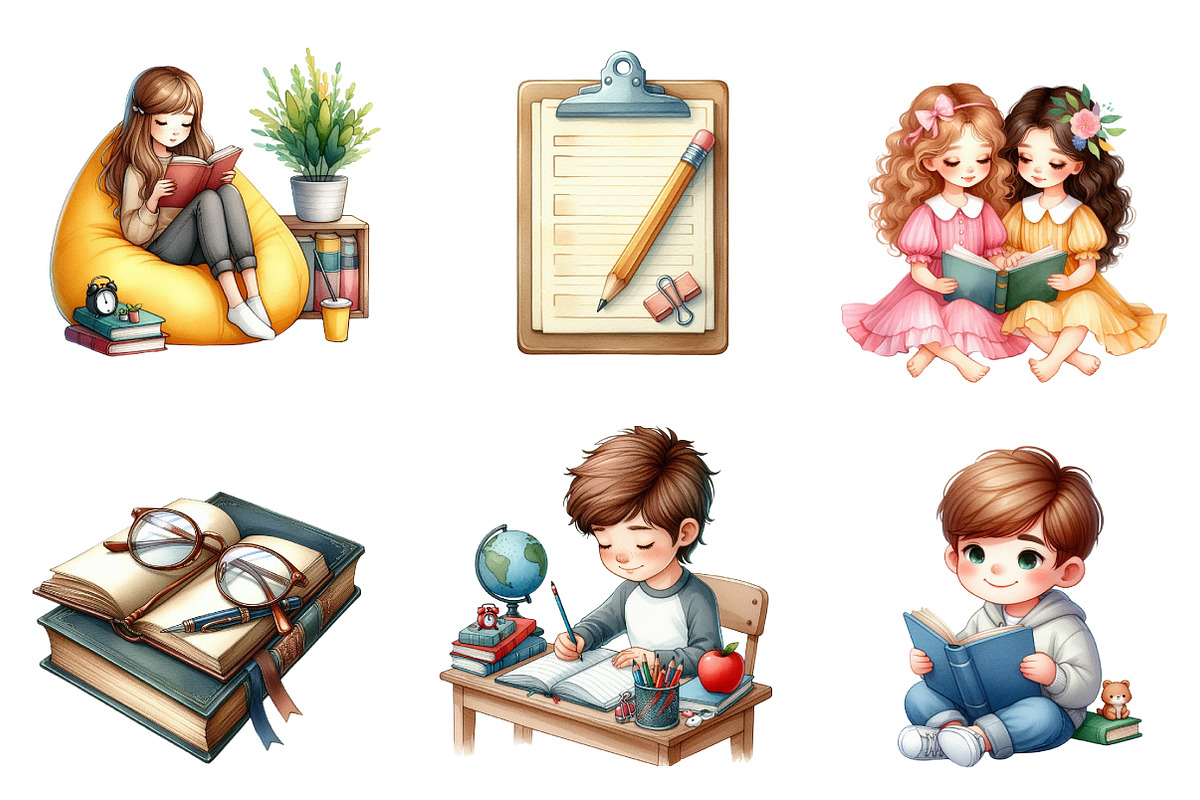 Library Kids Clipart Watercolor Book, an Illustration by CreationArt (Photo 2 of 7)