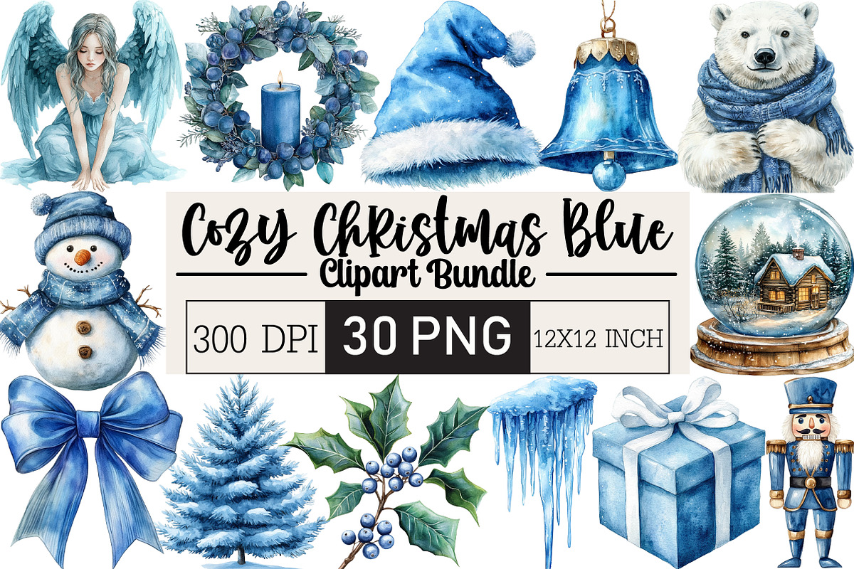 Cozy Christmas Blue Clipart, an Illustration by Black Bird Studio (Photo 1 of 6)