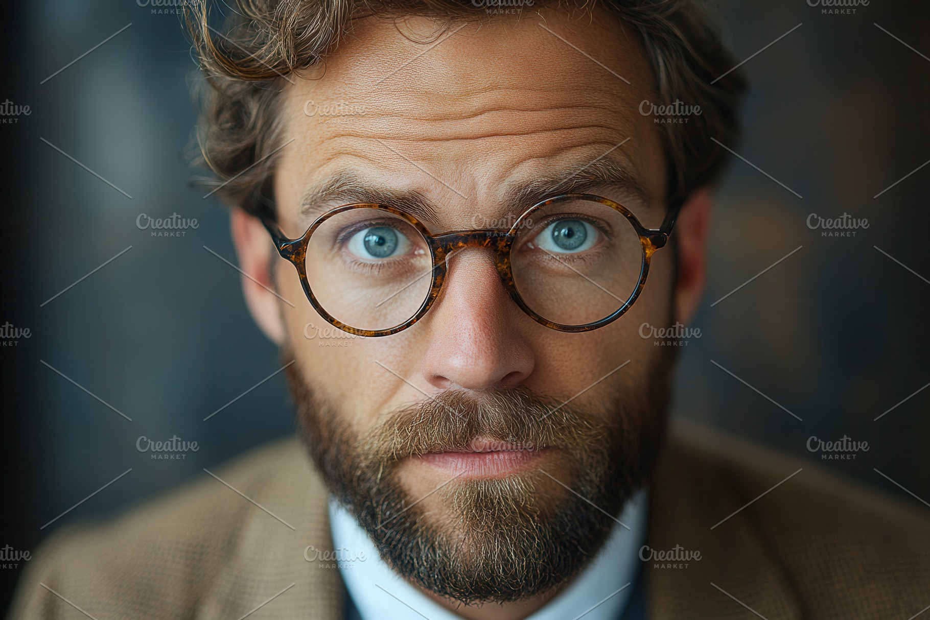 Man with glasses and beard stares th, a Photo by Tanuart