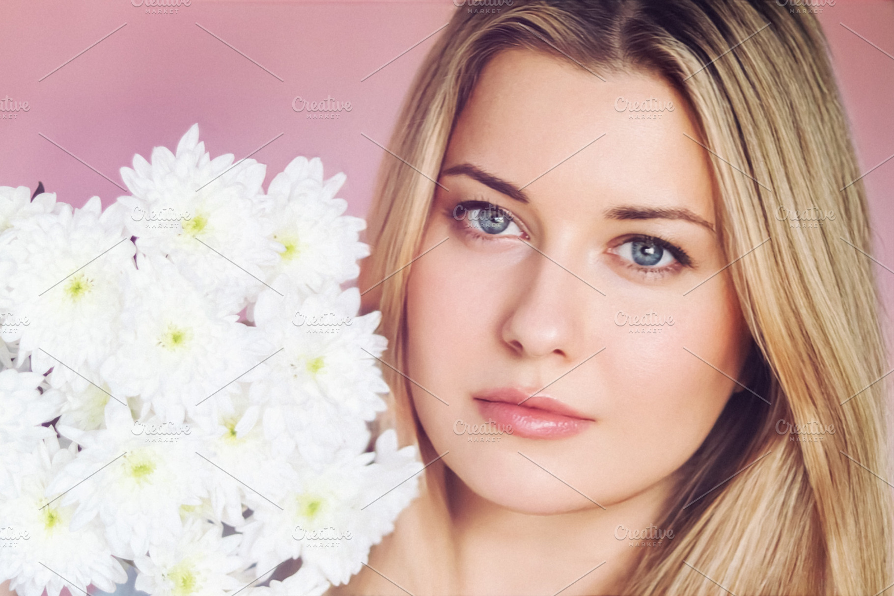 Floral beauty and serene portrait, blonde woman with blue eyes h, a Person Photo by Studio ANNA