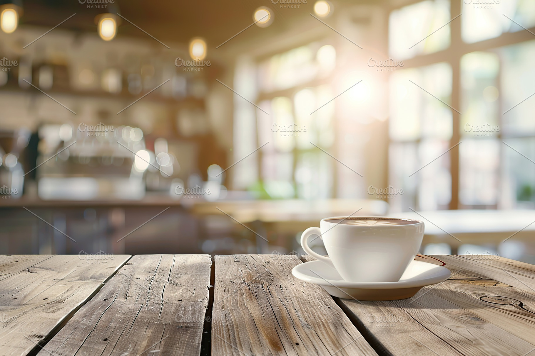 Cup of coffee on table in cafe on blurred background, sunlights and outdoors, a Photo by AlyaAnd