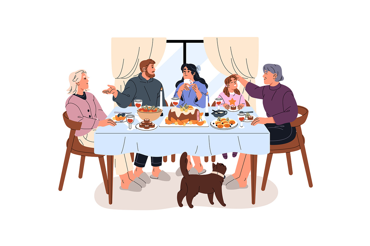 People eating at festive table set, a Person Illustration by PaperTrident (Photo 4 of 13)