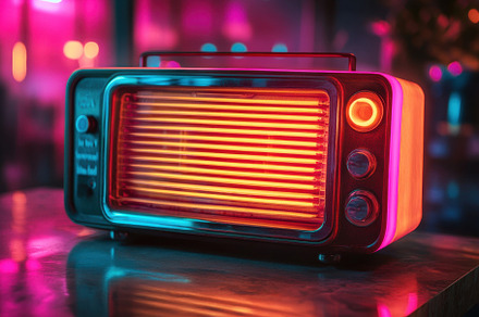 Retro radio illuminated with vibrant, a Photo by Iftikhar Alam