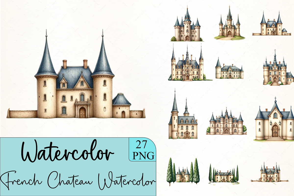 French Chateau Watercolor Clipart, an Illustration by CrexoraLab (Photo 1 of 5)