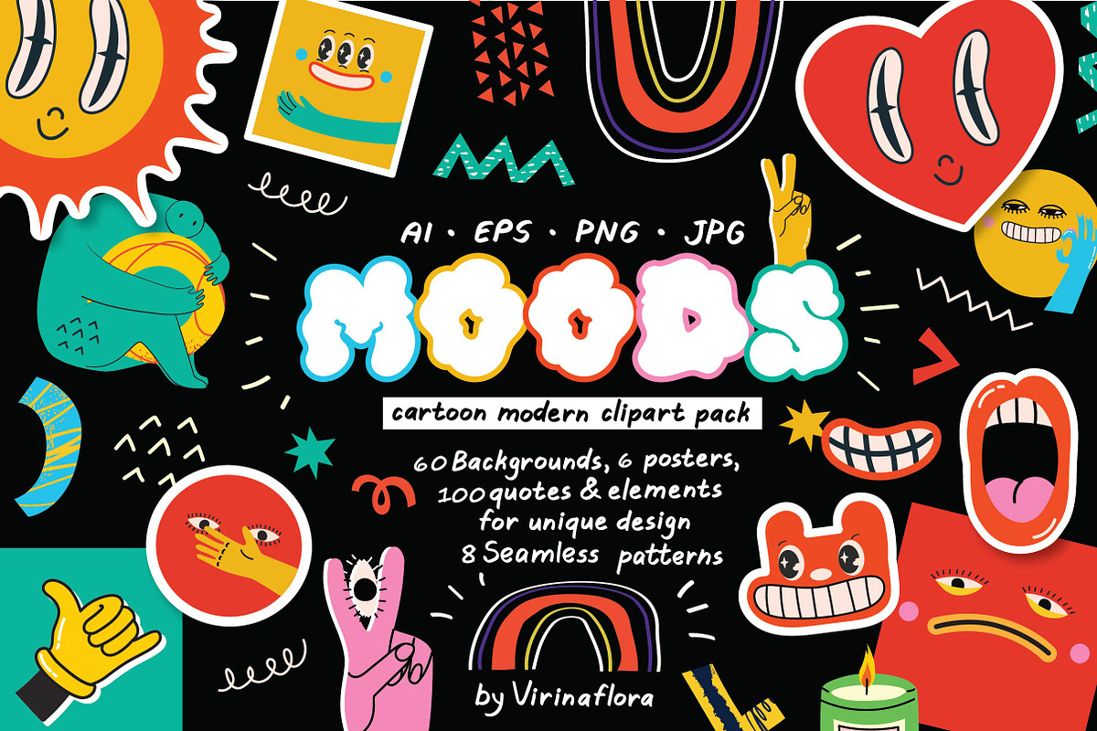 MOODS cartoon modern clipart pack, a Decorative Illustration by Virinaflora (Photo 1 of 10)