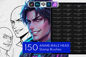 150+ Anime Male Head Procreate Stamp, a Brush Add-On by Selentaori Studio