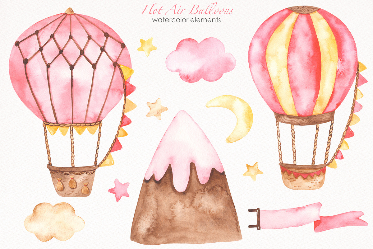 Hot air balloon pink watercolor, a Transportation Illustration by Marina Ermakova (Photo 2 of 9)