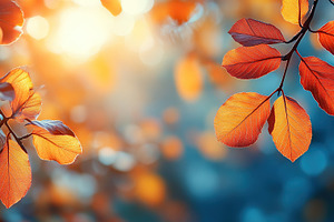 Orange leaves on tree branch in autumn city park with sunrays, a Nature Photo by AlyaAnd