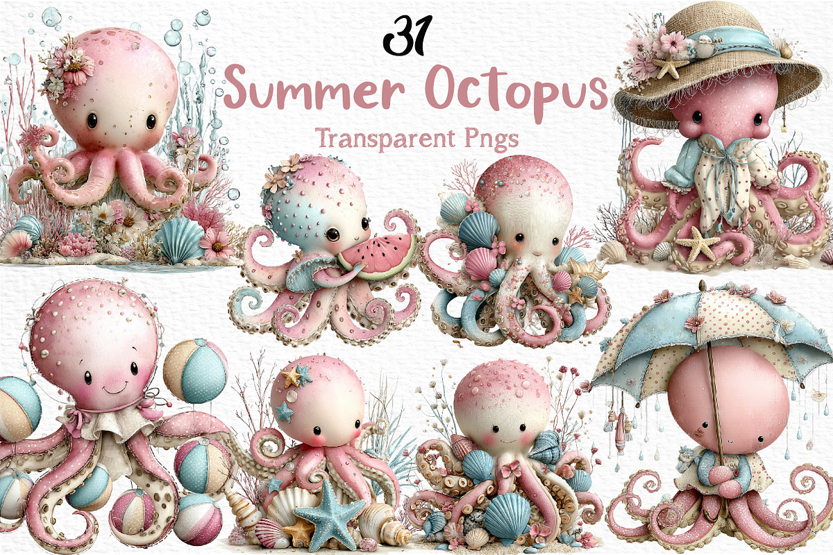 Whimsical Summer Octopus Clipart, an Illustration by Craft Nest (Photo 1 of 6)