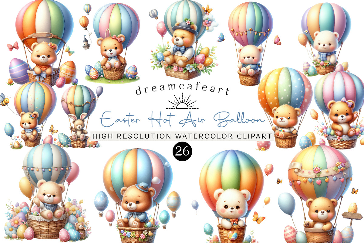 Easter Bear Hot Air Balloon Clipart, an Illustration by DreamCafeArt (Photo 1 of 6)
