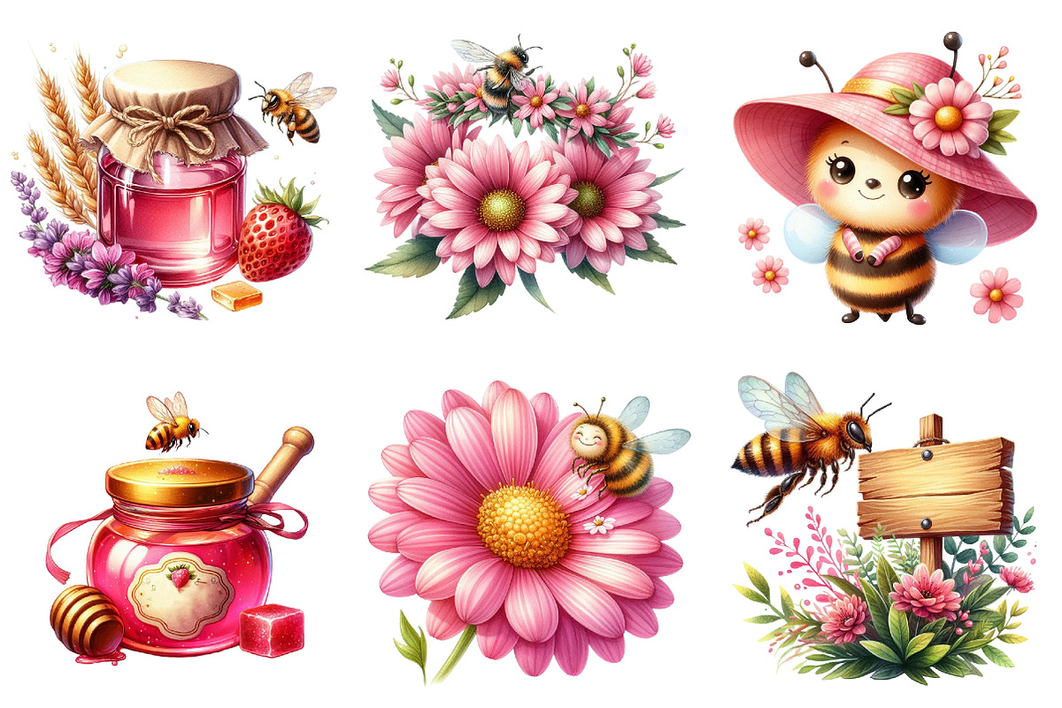 Pink Summer Bees Garden Clipart, an Illustration by Watercolor design (Photo 4 of 4)