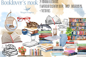 Watercolor book nook illustrations