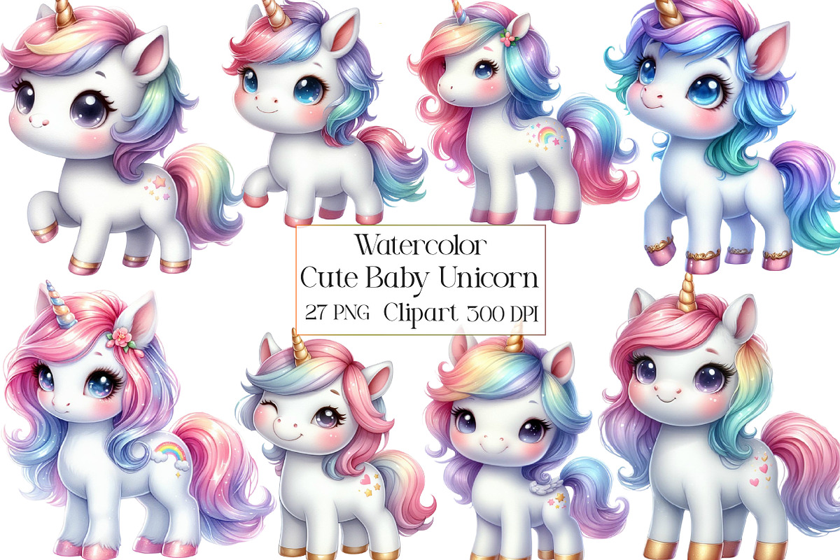 Watercolor Cute Baby Unicorn Clipart, an Illustration by CraftArtStudio (Photo 1 of 4)
