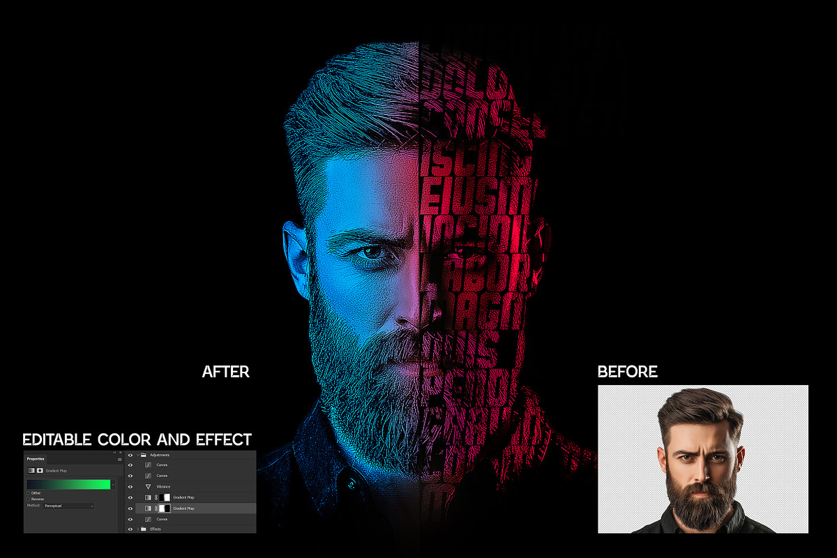 Text Portrait Photoshop Effect FX v1, a Brushes & More by INTENTFX (Photo 3 of 10)