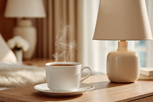 Enjoying morning coffee in a cozy hotel room with warm lighting, a Holiday Photo by OSORIOartist