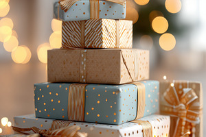 Festively wrapped gifts with fairy lights, a Holiday Photo by AlyaAnd
