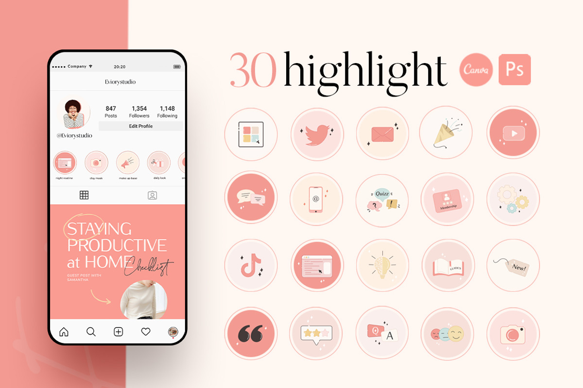 BUNDLE Highlight Instagram CANVA PS, a Social Media Template by Eviory