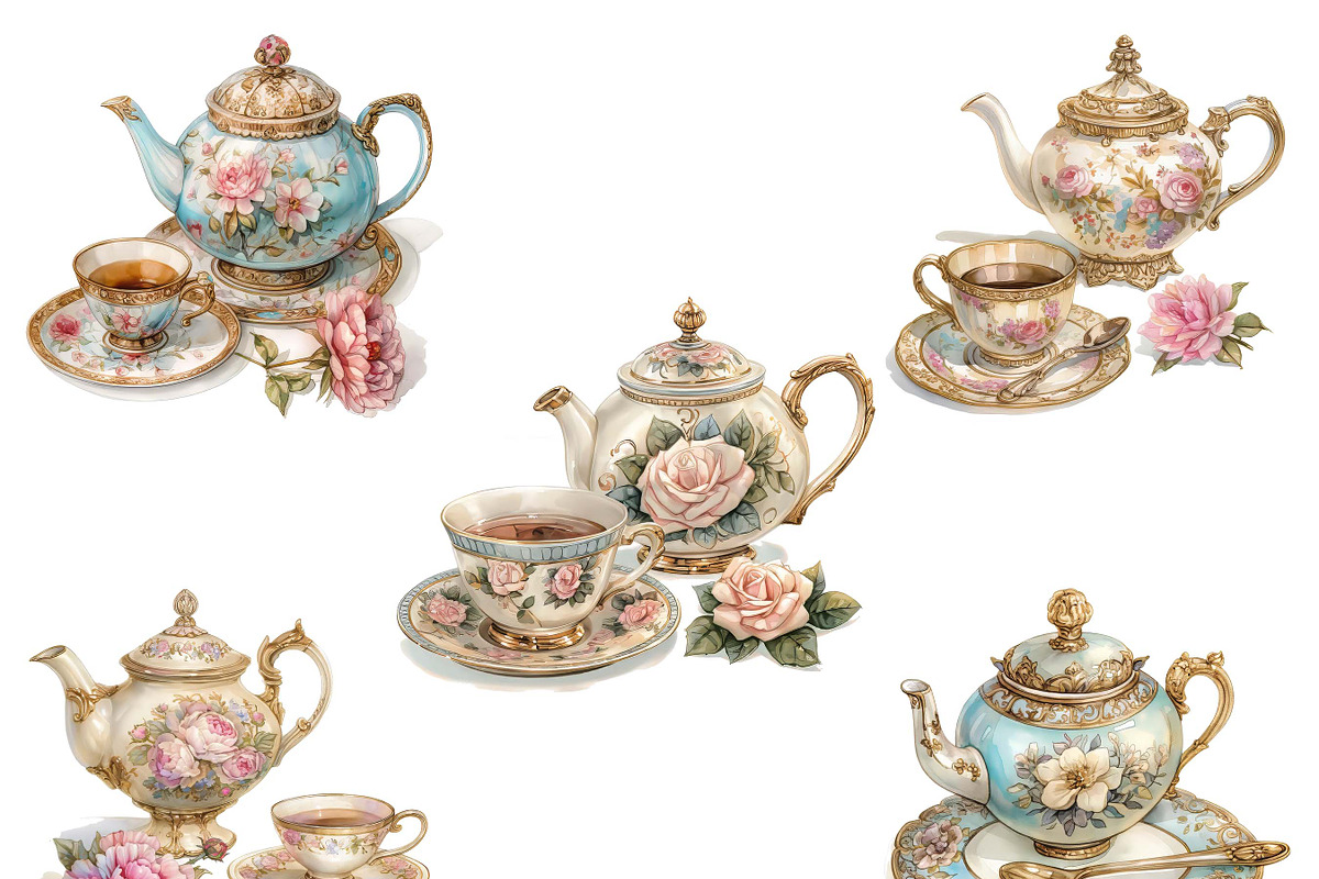 Watercolor Tea Set Clipart Bundle, an Object Illustration by Design ...