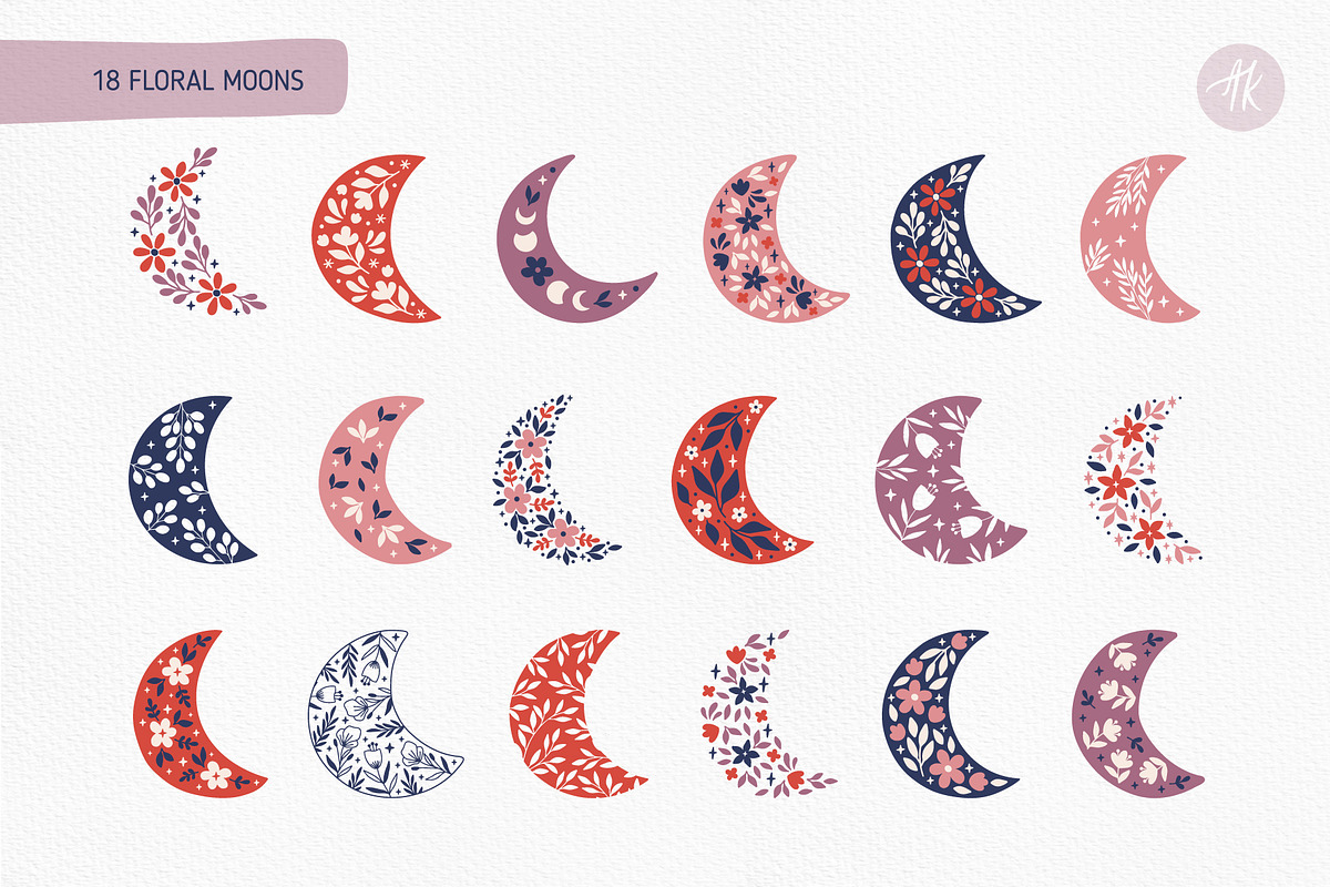 Floral Moons Celestial Vector Set, an Object Graphic by Alena Koval (Photo 2 of 16)