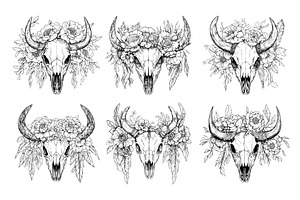 Cow skull floral arrangement black, an Object Illustration by Onyx