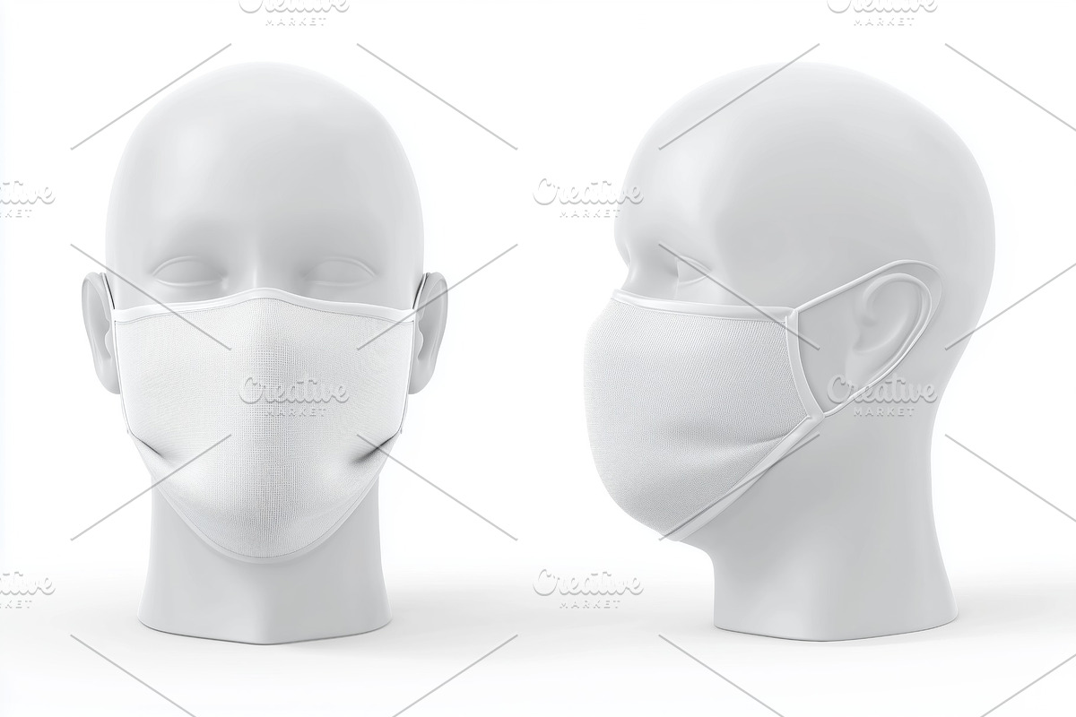 Two mannequin heads wearing white face masks mockup, front and side view., a Mask Mockup by Textures & Backgrounds