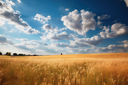 Beautiful wheat ears field and blue sky with clouds. Generative AI, a Nature Photo by AlyaAnd