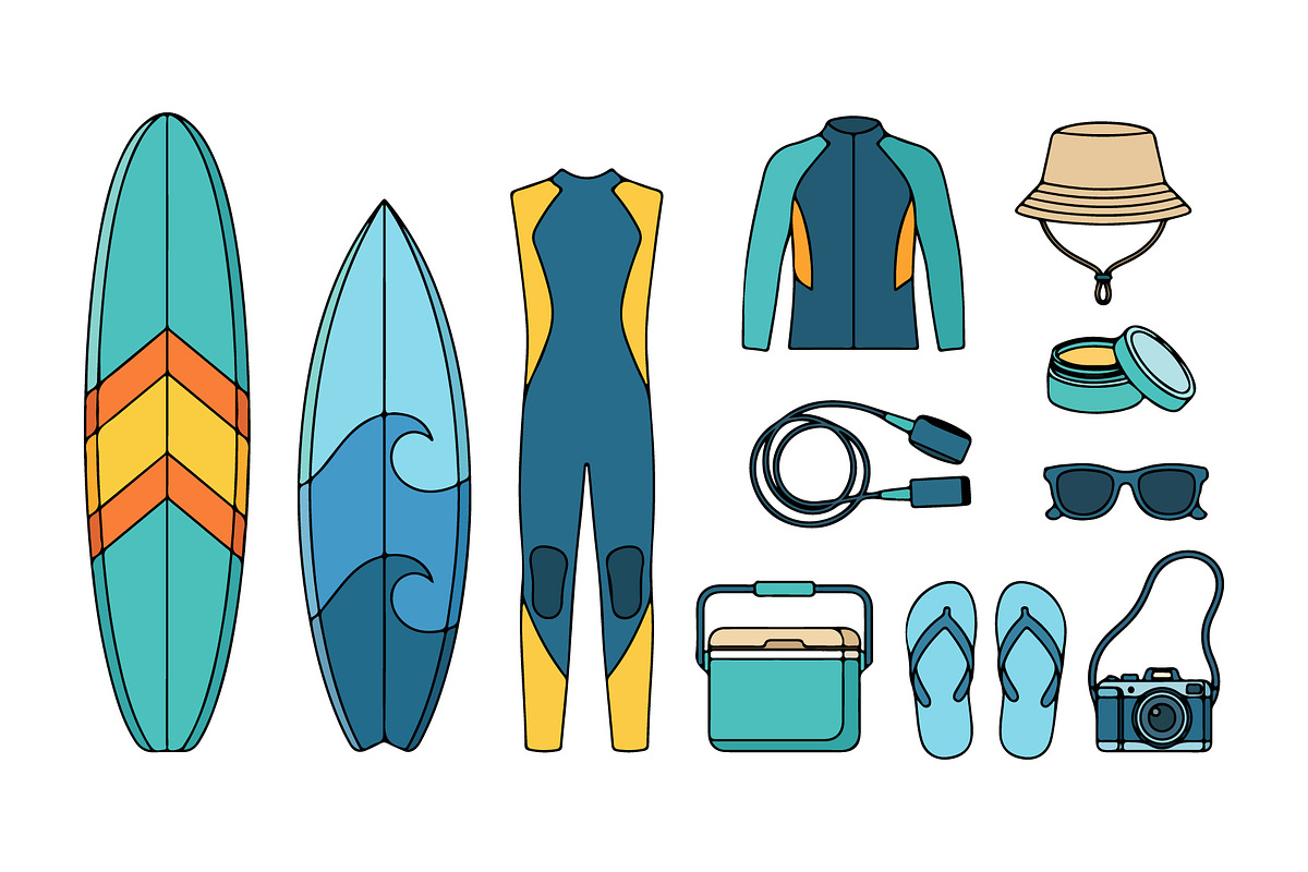 Surfing Equipment Vector Set Bundle, a Decorative Illustration by MkStudio (Photo 1 of 3)