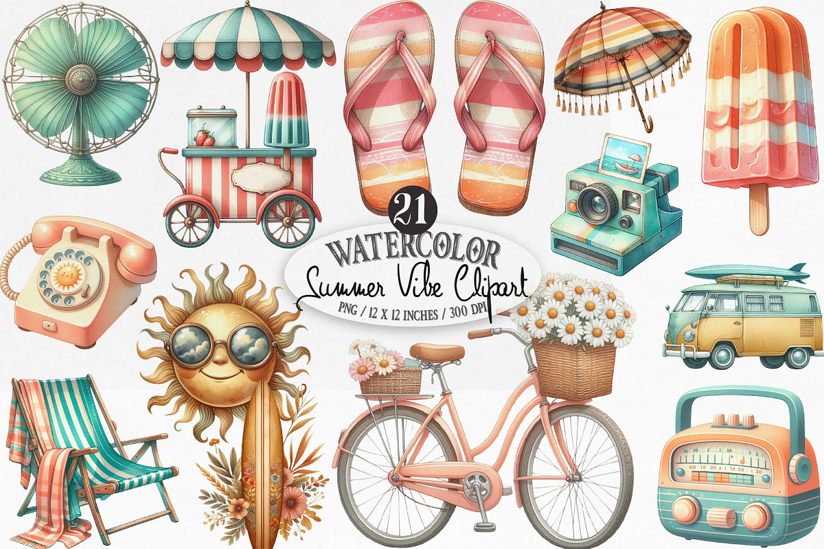 Watercolor Summer Vibe Clipart, an Illustration by Designking (Photo 1 of 4)