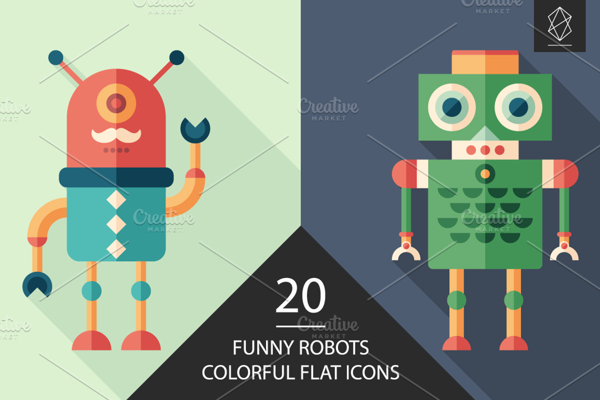Funny robots colorful flat icon set, an Icon by Yury Velikanov (Photo 1 of 3)