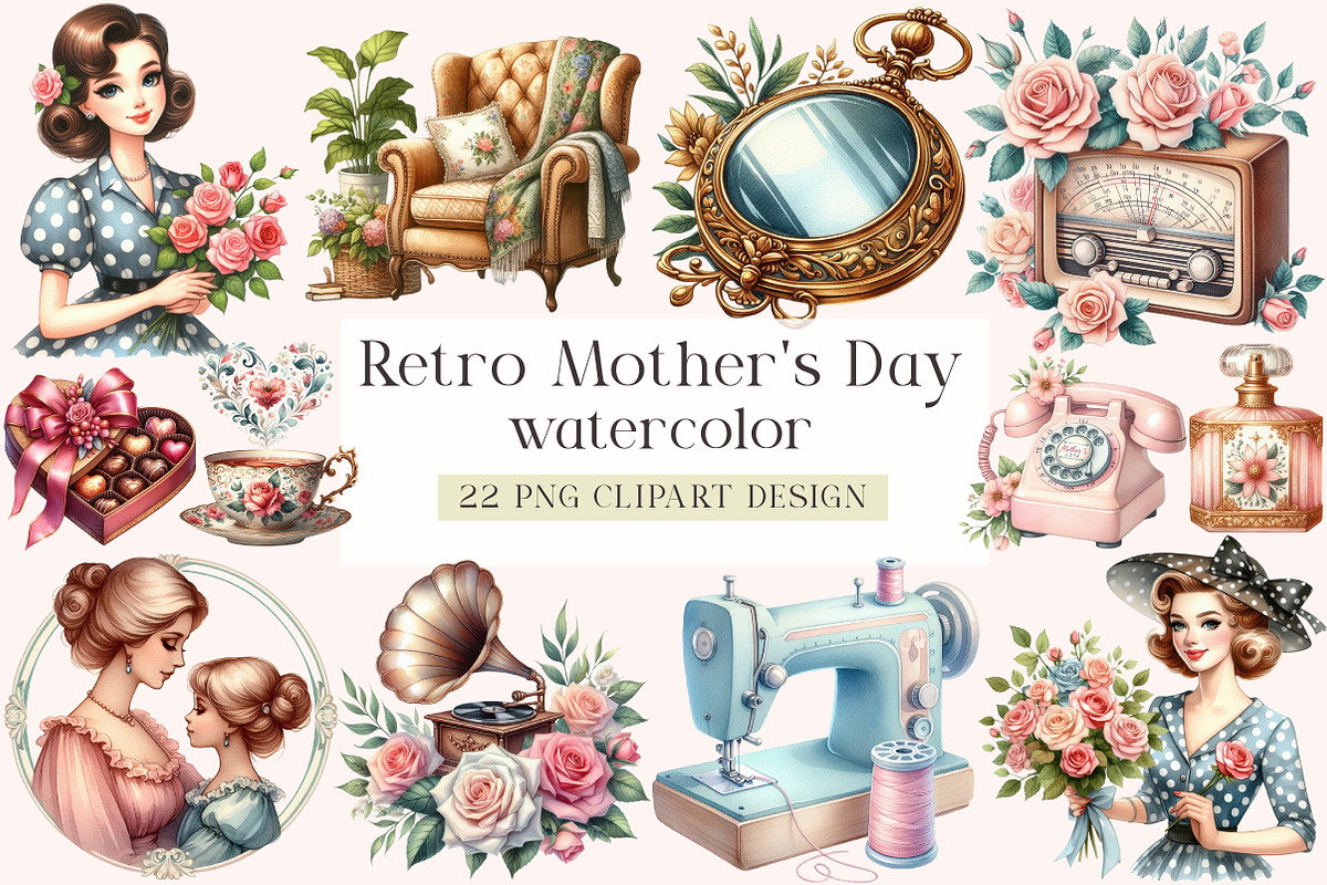 Retro Mother's Day Clipart, an Illustration by DreamArtGraphic (Photo 1 of 4)