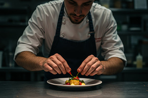 Chef carefully garnishes a dish, a Food & Drink Photo by professorinc