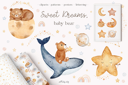 Sleeping Dreamy Baby bear watercolor