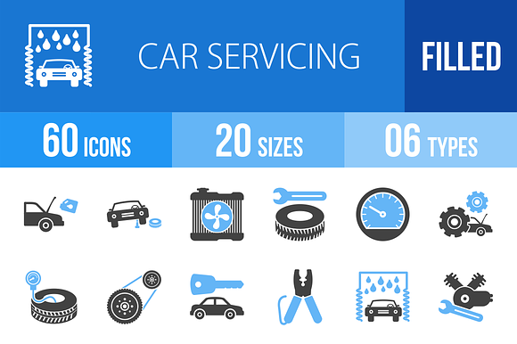 60 Car Servicing Blue Black Icons