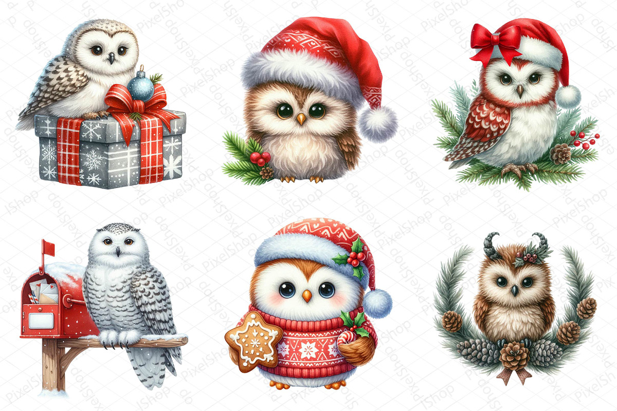 Watercolor Christmas Owl Clipart, an Illustration by DreamPrint404 (Photo 5 of 6)