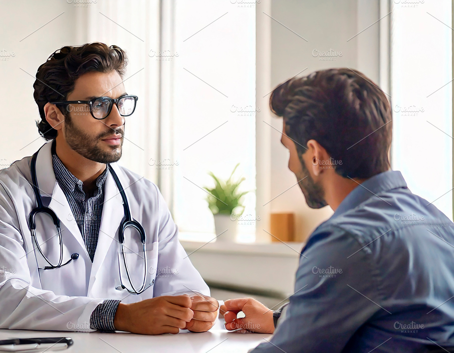 Doctor talking to a seated patient in a bright clinical office i, a Health & Medical Photo by DanFLCreativo