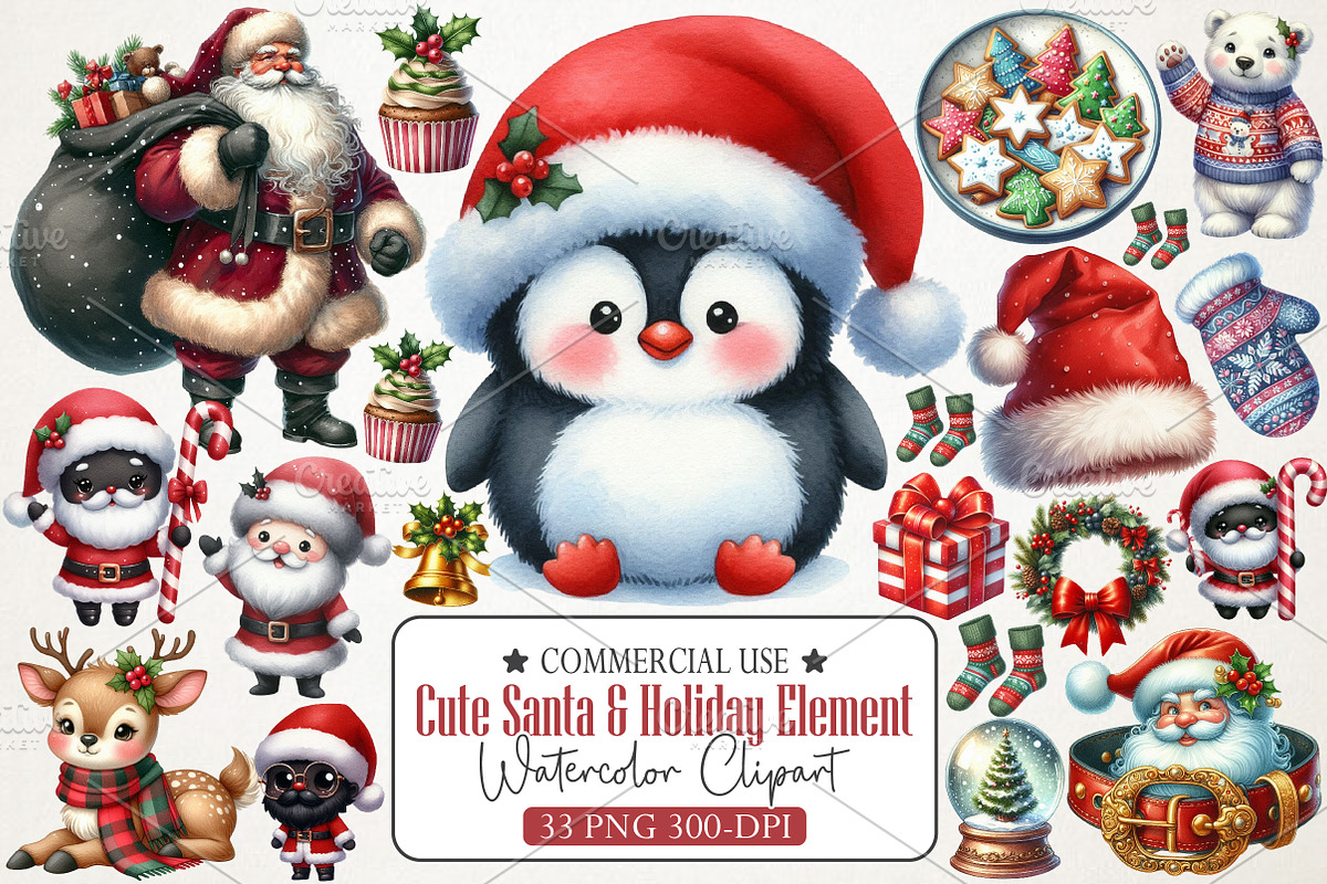Cute Santa & Holiday Elements Clipar, an Illustration by RobertsArt (Photo 1 of 7)