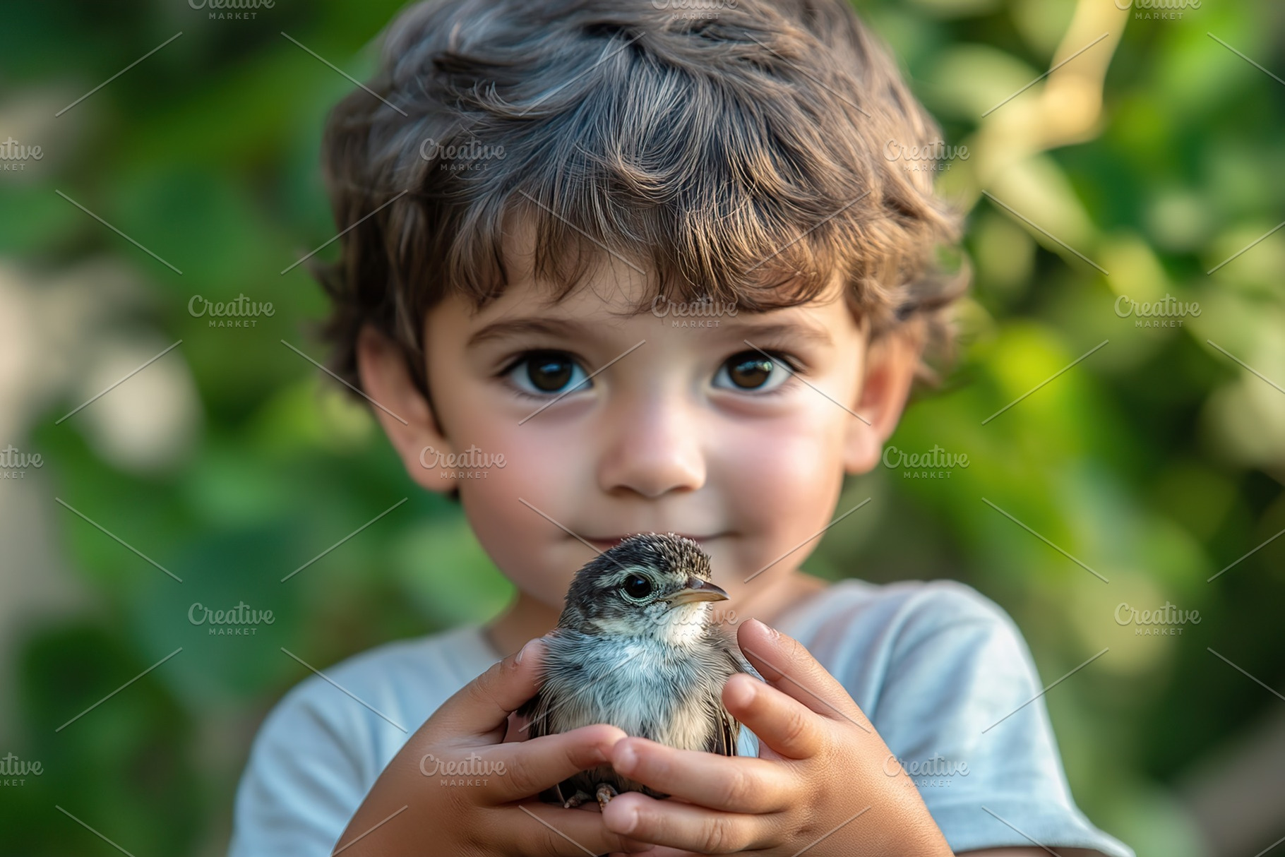 Boy gently holding a baby bird in his palms while gazing at it with wonder, a Person Photo by AlyaAnd